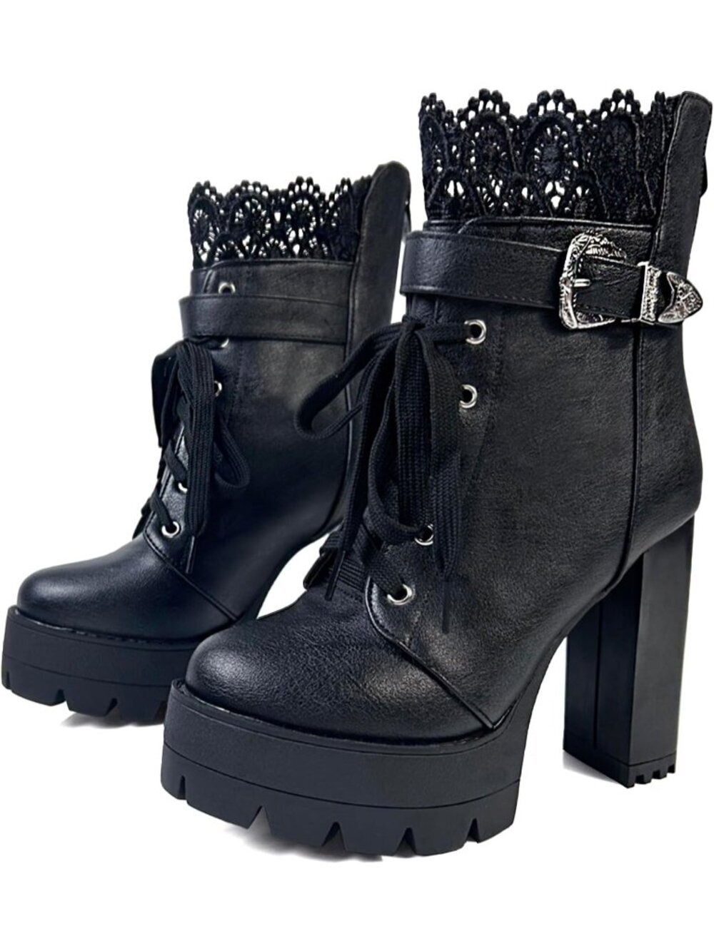 Women Black Combat Boots Goth Chunky Heel Ankle Booties Sexy Lace Up Zipper